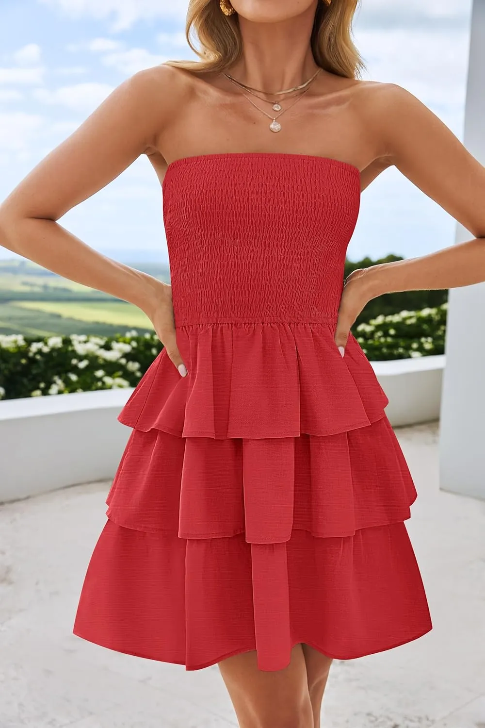 ZESICA Women's Summer Strapless Smocked Tube Dress 2025 Off Shoulder Ruffle Tiered Flowy Beach Boho Mini Sundress