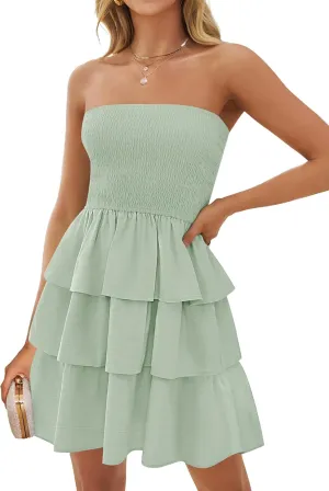 ZESICA Women's Summer Strapless Smocked Tube Dress 2025 Off Shoulder Ruffle Tiered Flowy Beach Boho Mini Sundress
