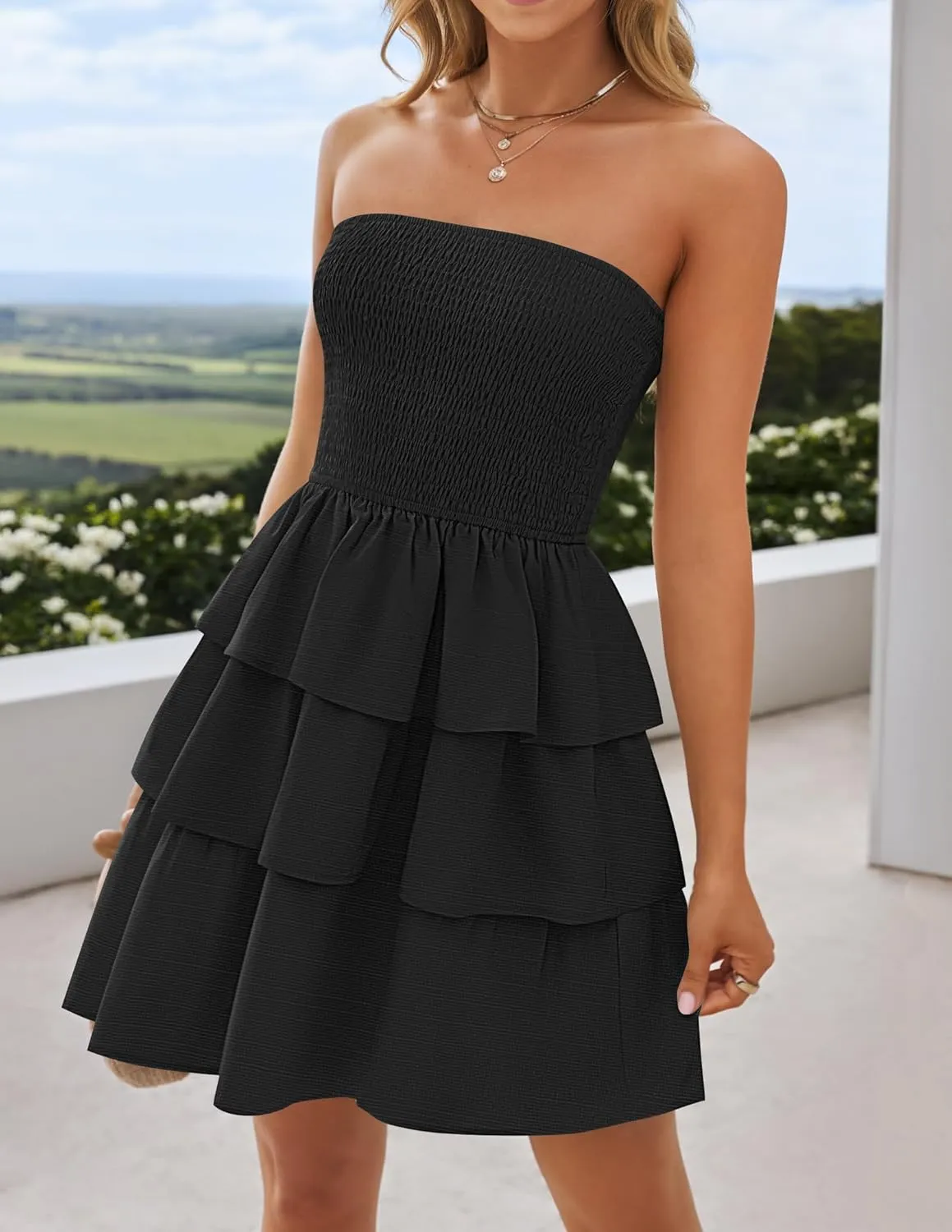 ZESICA Women's Summer Strapless Smocked Tube Dress 2025 Off Shoulder Ruffle Tiered Flowy Beach Boho Mini Sundress