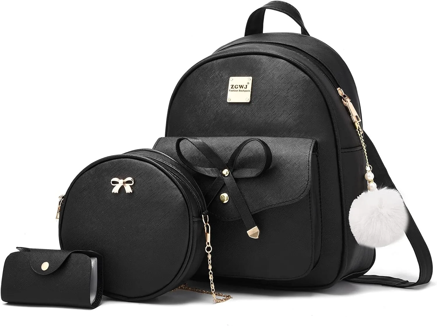 ZGWJ Mini Backpack Purse for Women - 3-Piece Set, Small PU Leather Bowknot Fashion Backpacks, Cute Casual Travel Daypacks