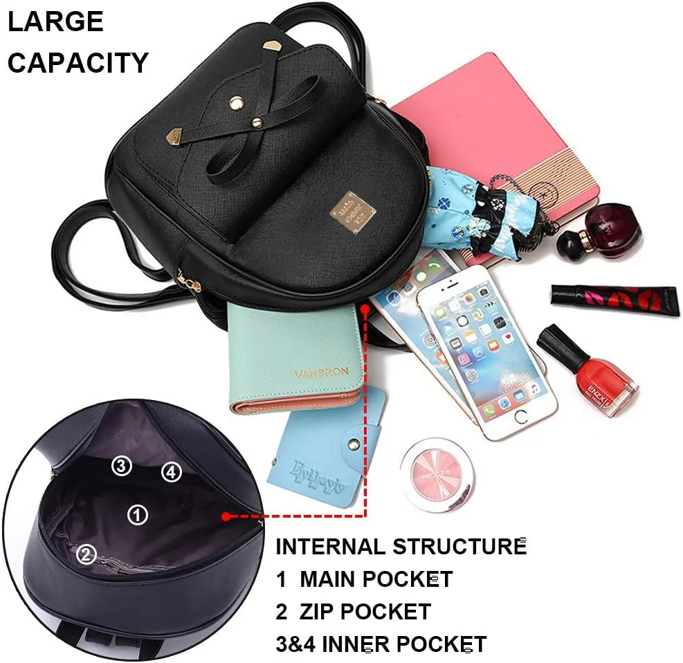 ZGWJ Mini Backpack Purse for Women - 3-Piece Set, Small PU Leather Bowknot Fashion Backpacks, Cute Casual Travel Daypacks