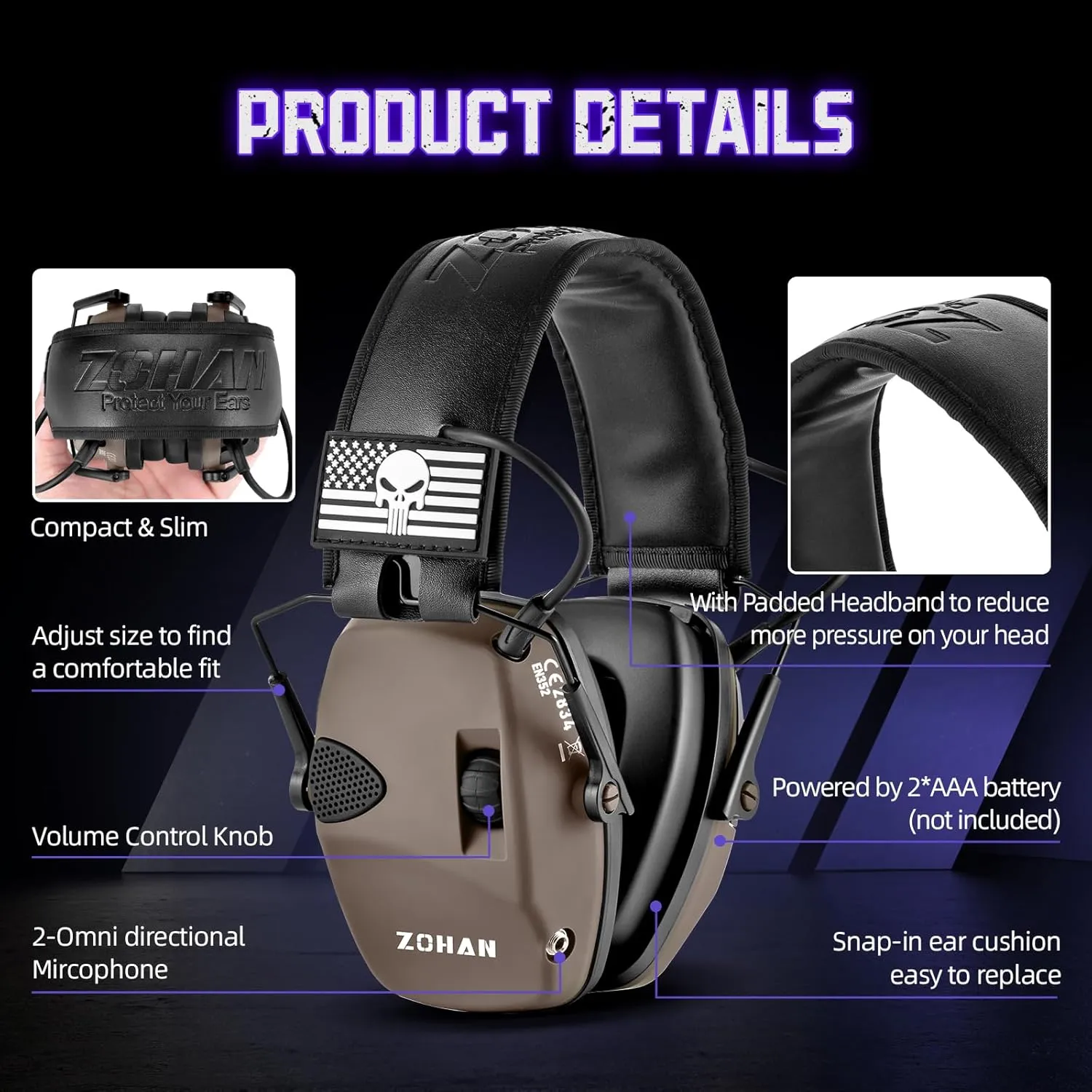 ZOHAN Electronic Shooting Earmuffs, Hearing Protection Shooters, NRR 23dB Noise Reduction Gun Range Ear Protection Headphones