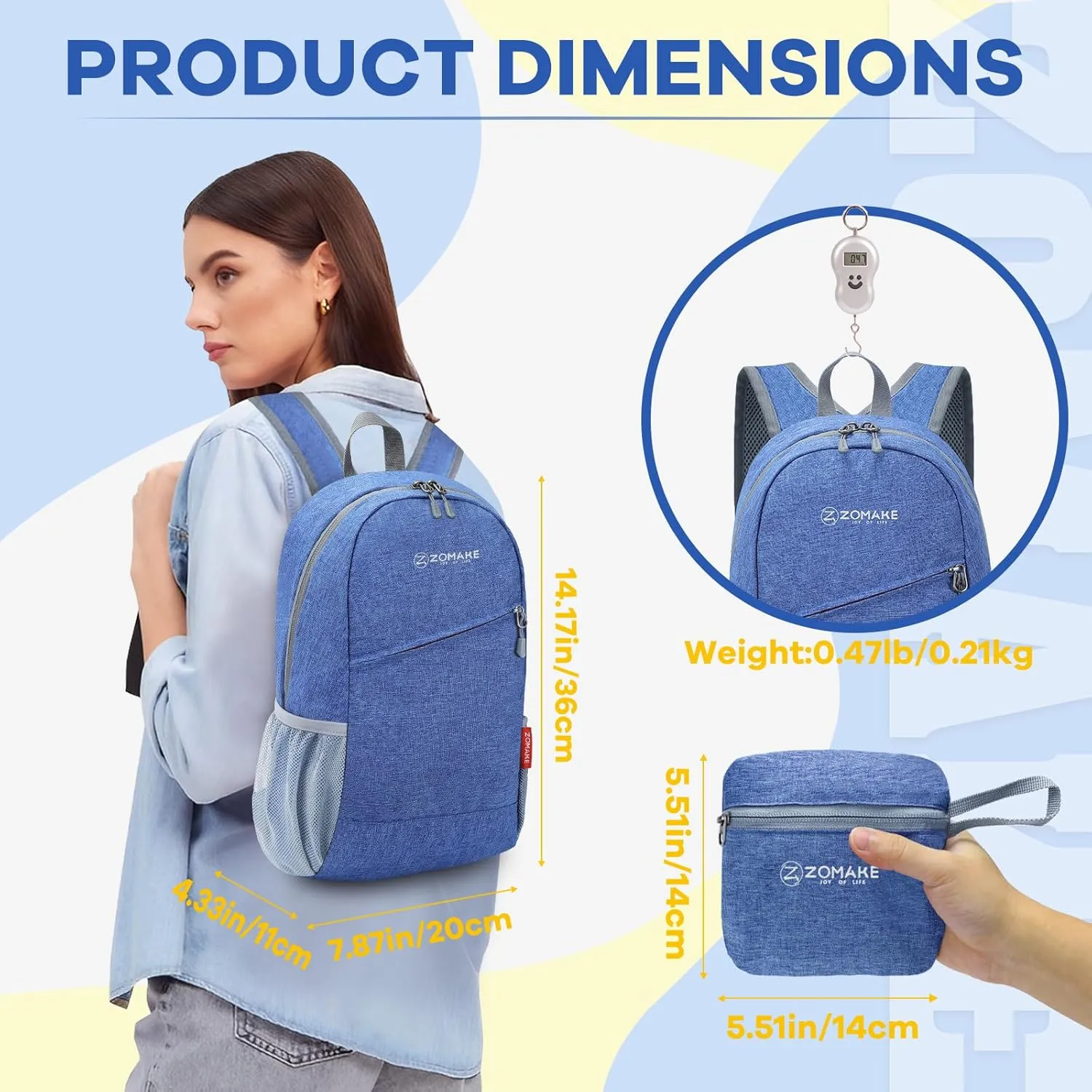 ZOMAKE Ultra Lightweight Packable Backpack 10L, Small Daypack Light Foldable Backpacks Water Resistant Day Bag for Hiking(Dark Blue)