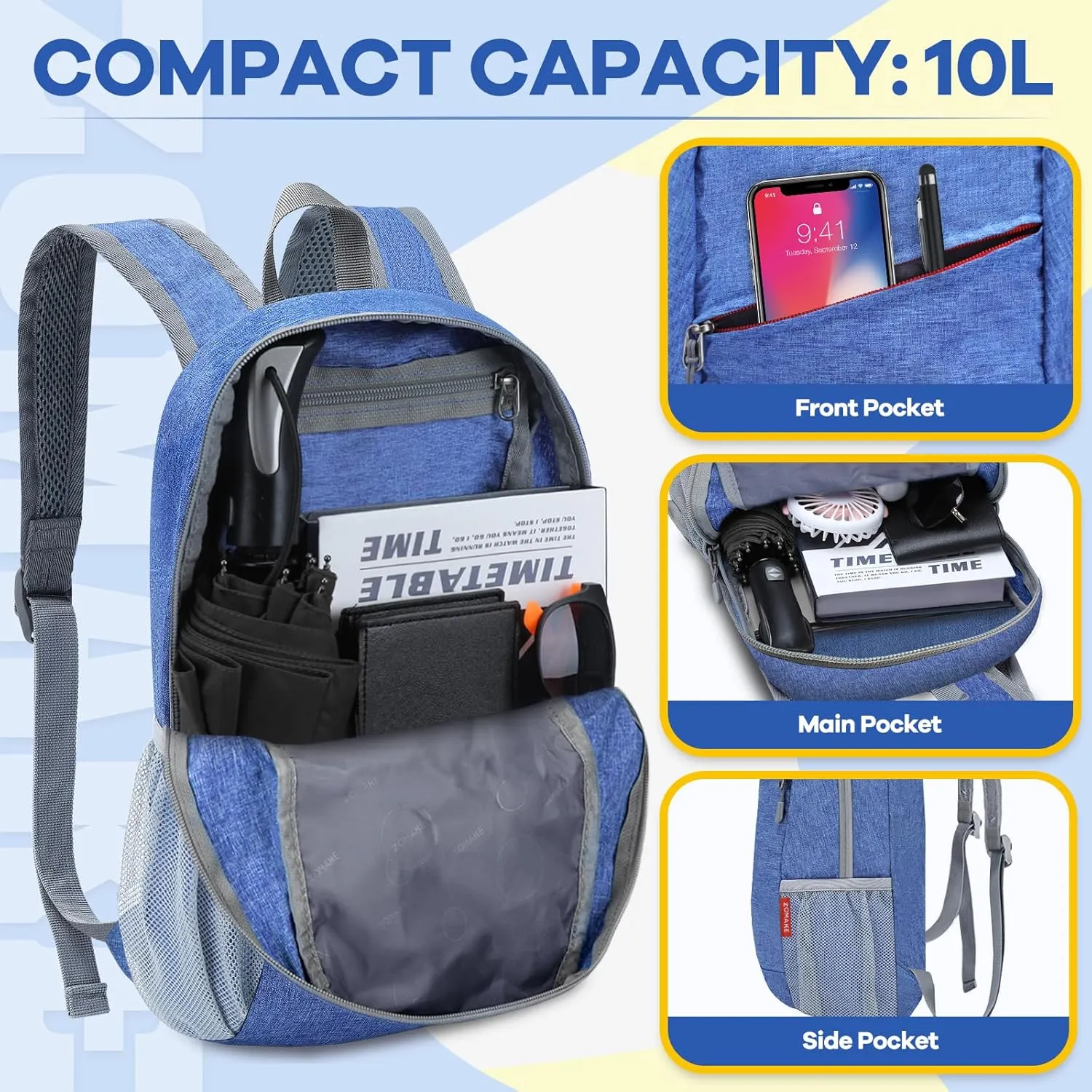 ZOMAKE Ultra Lightweight Packable Backpack 10L, Small Daypack Light Foldable Backpacks Water Resistant Day Bag for Hiking(Dark Blue)