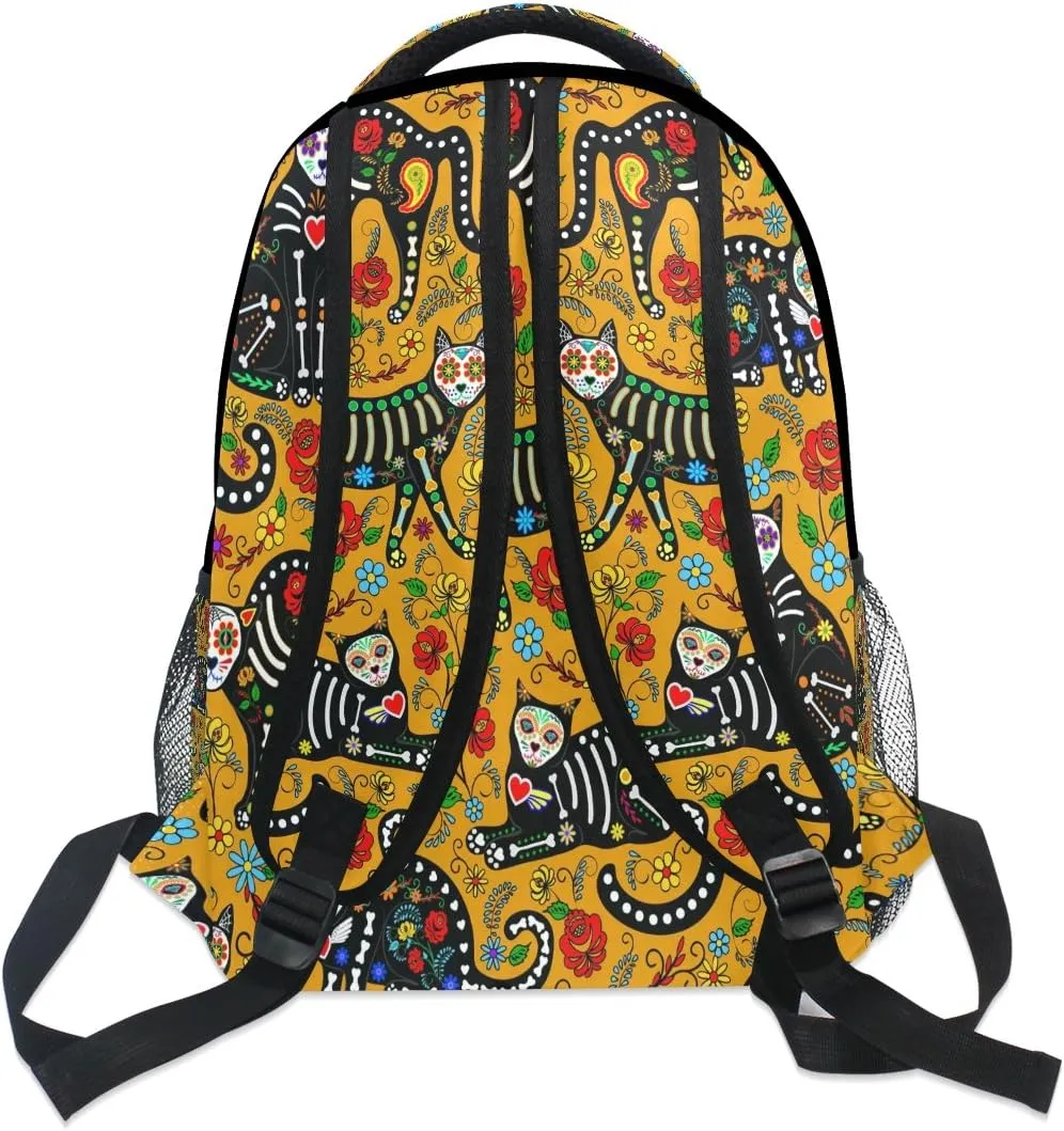 ZZKKO Date of the Dead Flower Skull Cat Boys Girls School Computer Backpacks Book Bag Travel Hiking Camping Daypack