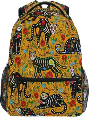 ZZKKO Date of the Dead Flower Skull Cat Boys Girls School Computer Backpacks Book Bag Travel Hiking Camping Daypack