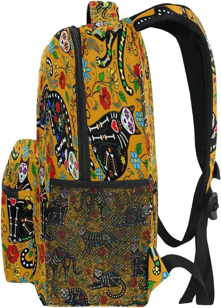 ZZKKO Date of the Dead Flower Skull Cat Boys Girls School Computer Backpacks Book Bag Travel Hiking Camping Daypack