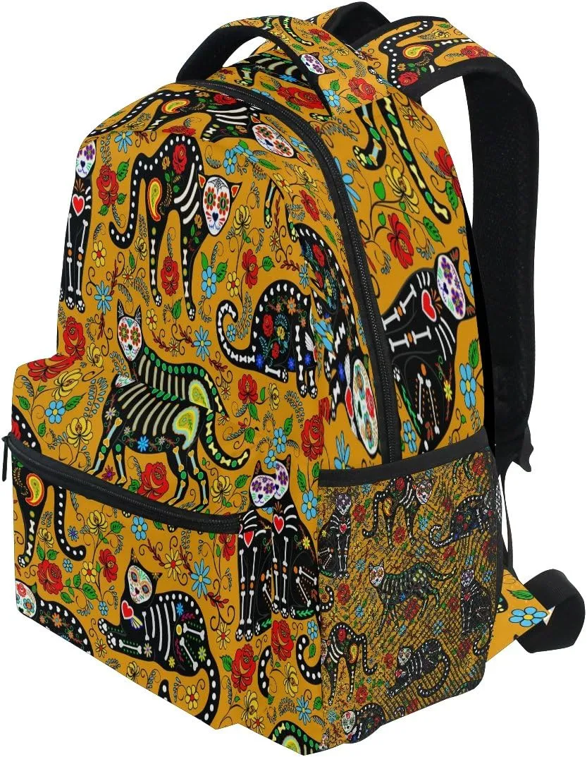 ZZKKO Date of the Dead Flower Skull Cat Boys Girls School Computer Backpacks Book Bag Travel Hiking Camping Daypack