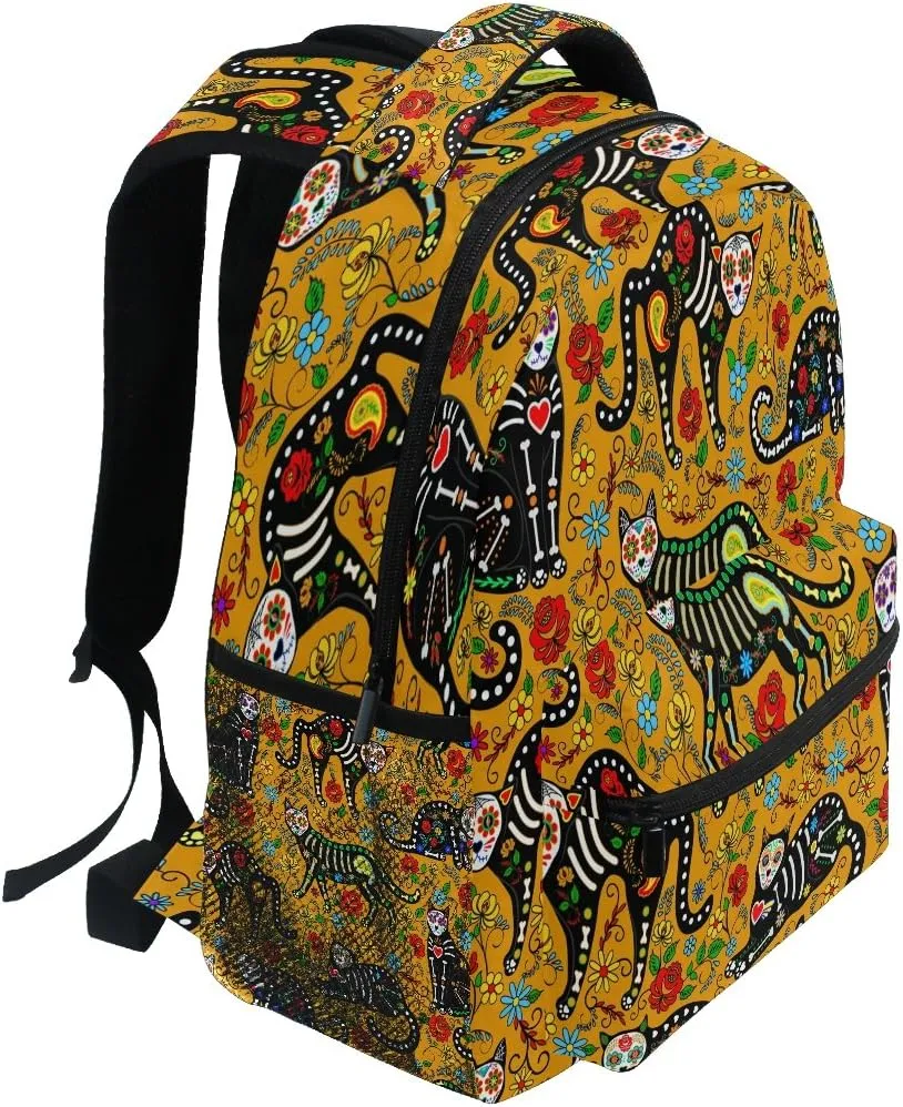 ZZKKO Date of the Dead Flower Skull Cat Boys Girls School Computer Backpacks Book Bag Travel Hiking Camping Daypack