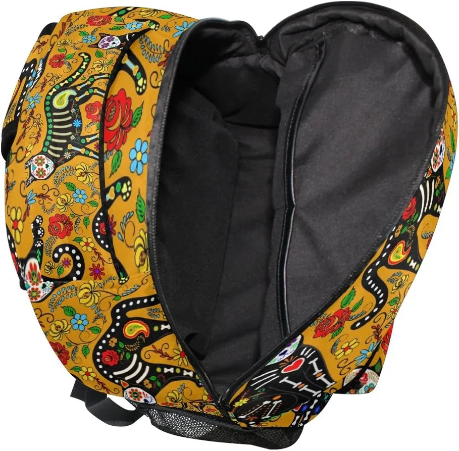 ZZKKO Date of the Dead Flower Skull Cat Boys Girls School Computer Backpacks Book Bag Travel Hiking Camping Daypack